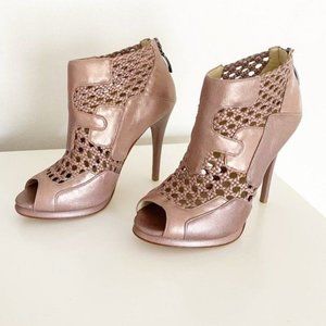 Alexandre Birman Metallic Rose Gold Braided Caged Open Toe Leather Heels 6.5